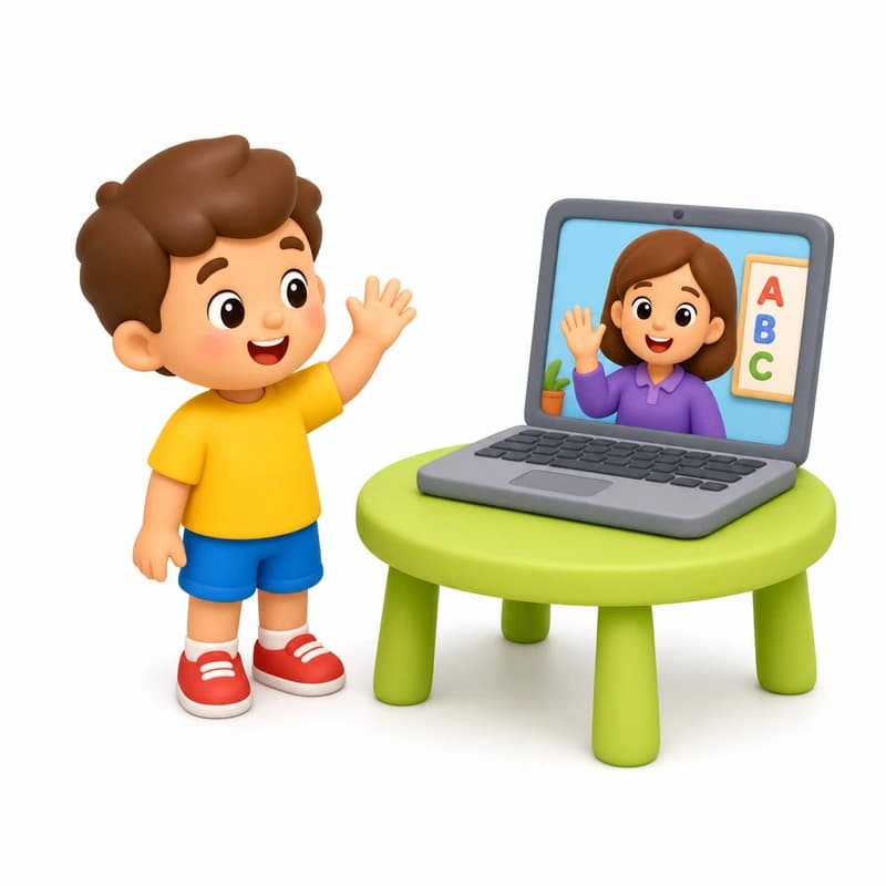 노트북 화면 속 선생님과 인사하는 아이