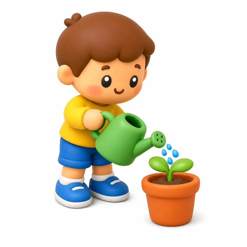 화분의 새싹에 물뿌리개로 물을 주는 아이