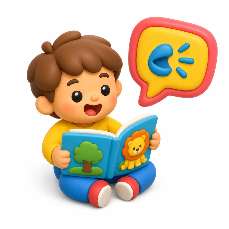 말풍선과 함께 그림책을 소리 내어 읽는 아이